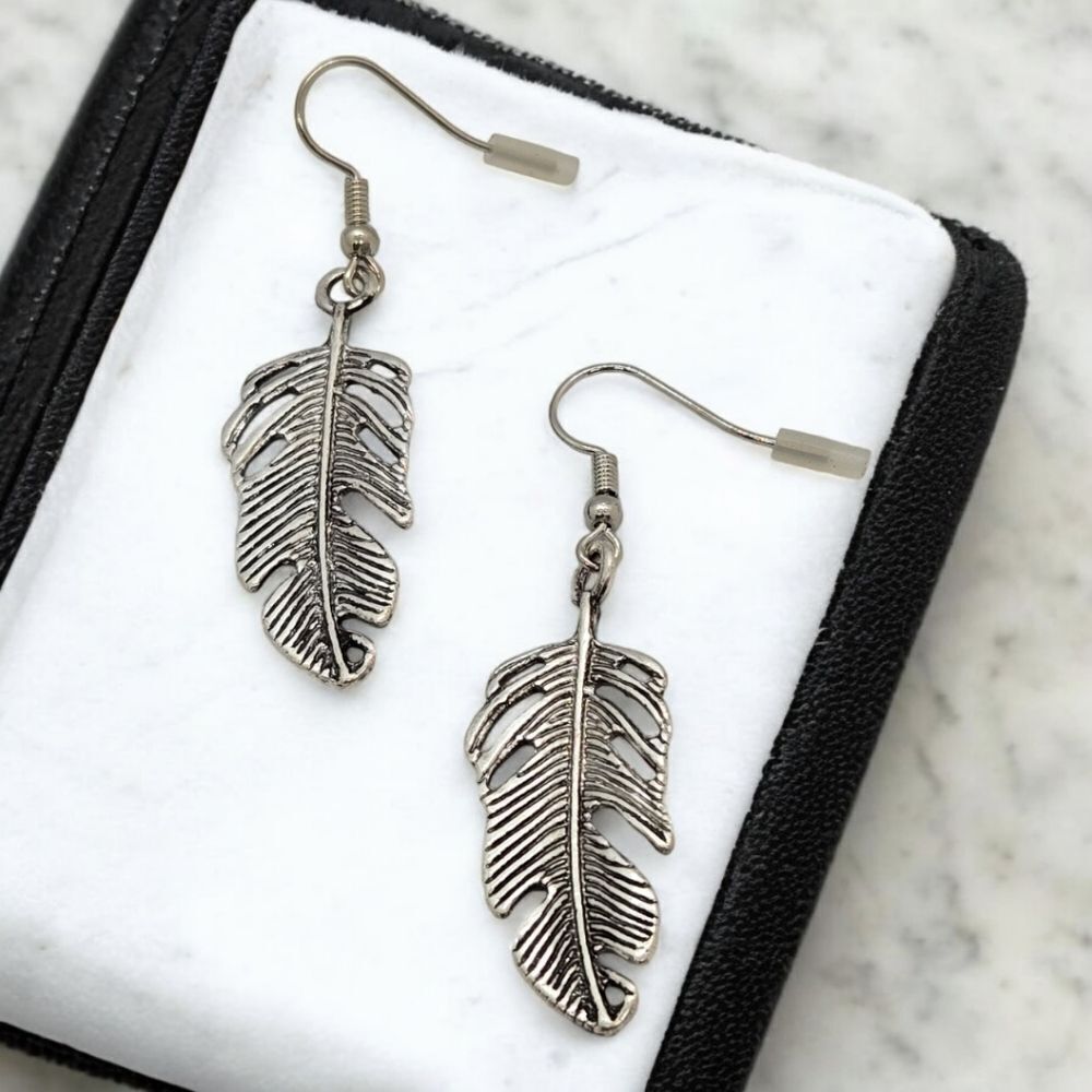 Tribal Eagle Feather Dangle Drop Earrings Boho Native American Jewelry Silver